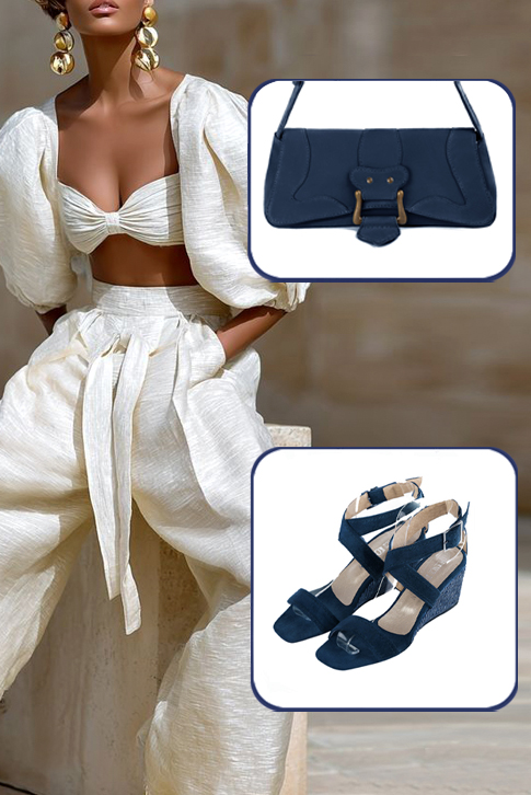 Women's navy blue elegant fully open cross straps sandals. Square toe. Medium wedge heels - Top view